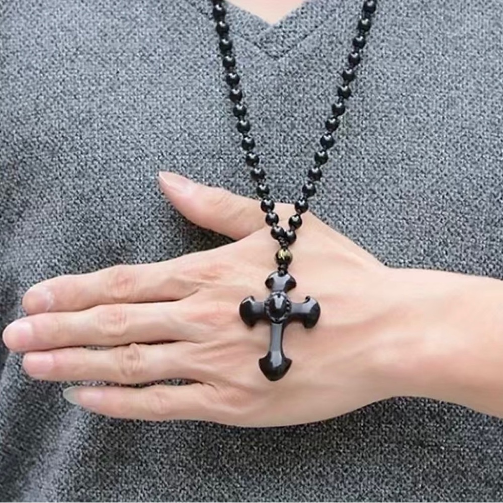 1pc Black Religious Christian Cross Fashion Obsidian Style Pendant Necklace - Picture 9 of 15